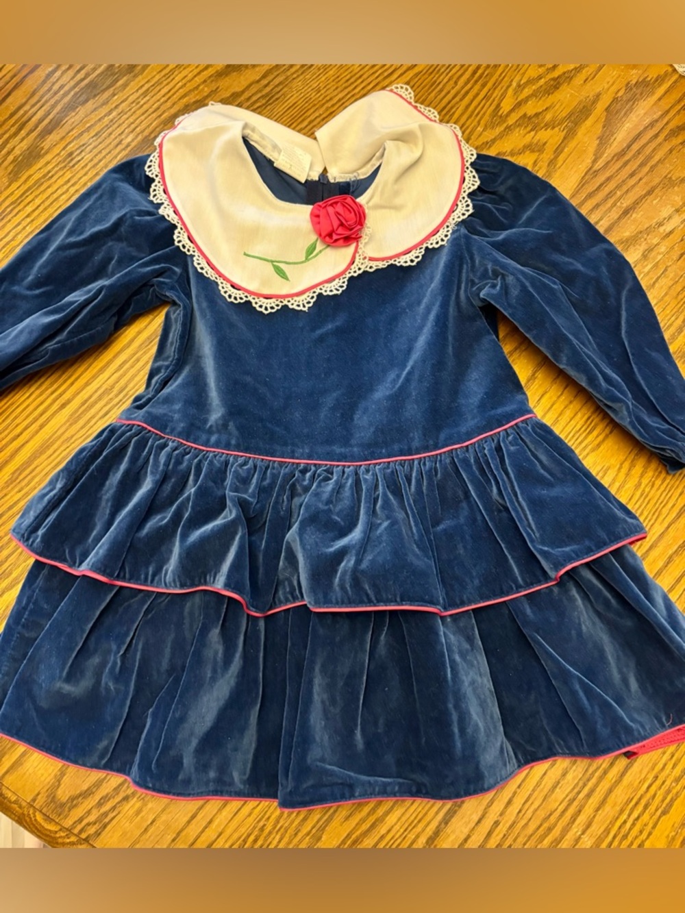 Classic Navy Velvet Girl's Vintage Dress with Pink Trim